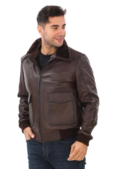 Yakası Peluşlu Model Deri Mont Fındık Renk - Resim 11