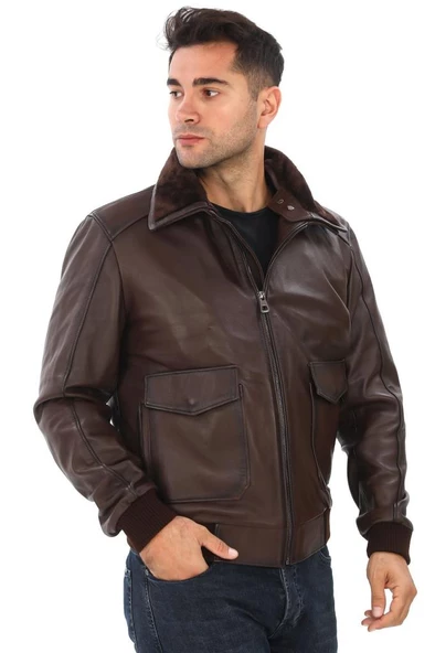 Yakası Peluşlu Model Deri Mont Fındık Renk - Resim 12