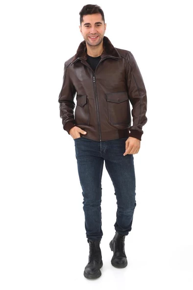 Yakası Peluşlu Model Deri Mont Fındık Renk - Resim 3