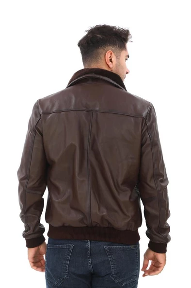 Yakası Peluşlu Model Deri Mont Fındık Renk - Resim 4