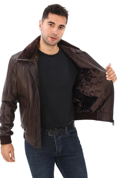 Yakası Peluşlu Model Deri Mont Fındık Renk - Resim 6