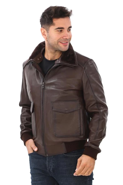 Yakası Peluşlu Model Deri Mont Fındık Renk