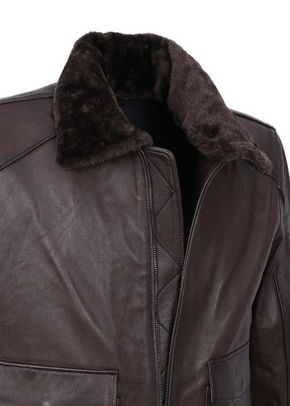 Yakası Peluşlu Model Deri Mont Fındık Renk - Resim 8