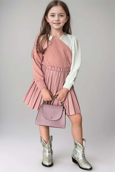 Kız Çocuk Çift Renkli Bluz, Piliseli Pembe Etekli Takım - Resim 2