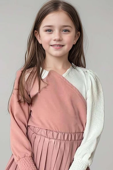 Kız Çocuk Çift Renkli Bluz, Piliseli Pembe Etekli Takım - Resim 3