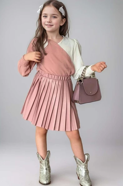 Kız Çocuk Çift Renkli Bluz, Piliseli Pembe Etekli Takım ürün görseli