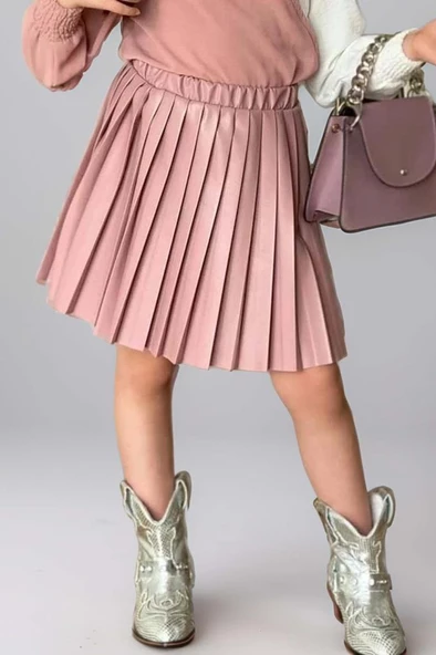 Kız Çocuk Çift Renkli Bluz, Piliseli Pembe Etekli Takım - Resim 4