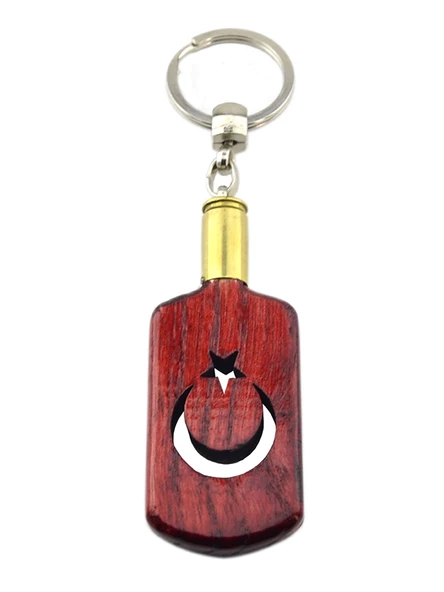 Maket Mermi Ahşap Anahtarlık - Ay Yıldız Künye - Kırmızı - 4