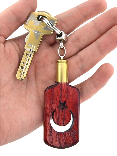 Maket Mermi Ahşap Anahtarlık - Ay Yıldız Künye - Kırmızı - 3