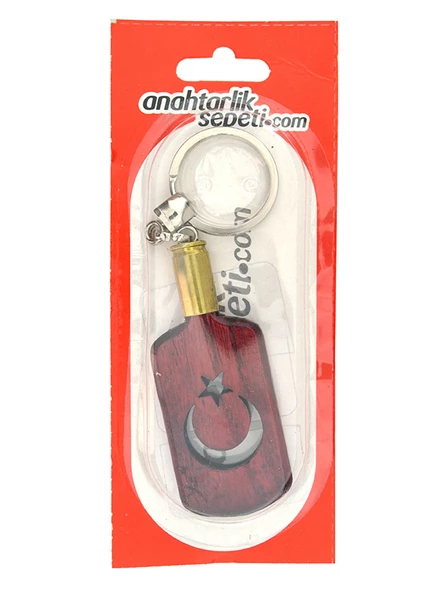 Maket Mermi Ahşap Anahtarlık - Ay Yıldız Künye - Kırmızı - 8