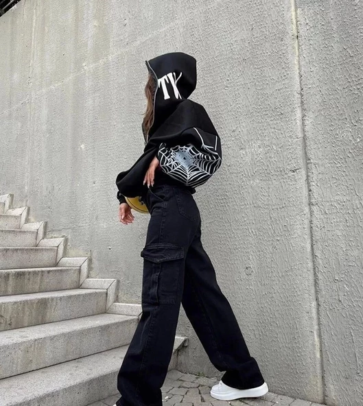 Üç İplik Bape Spider Baskılı Oversize Hırka - Siyah - 3