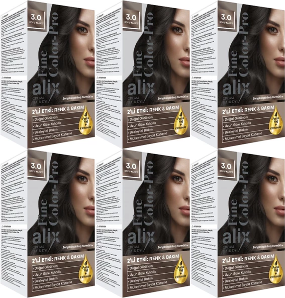 Alix 50ML Kit Saç Boyası 3.0 Koyu Kahve (6 Lı Set)