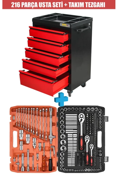STAXX XL SERİ 5 Çekmeceli Alet Dolabı İçi Boş Atölye Usta Set Takım Arabası + 216 PARÇA LOKMA SETİ