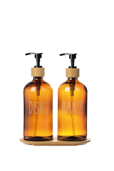 Digithome 2’li Ahşap Standlı Cam Sıvı Sabun ve Bulaşık Deterjanı Şişesi Sabunluk Amber 500 Ml - D/11 C1-1-289 - 2