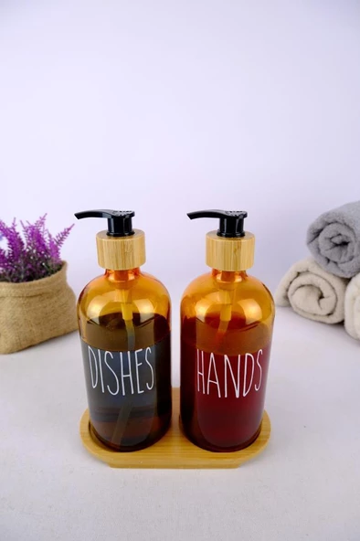 Digithome 2’li Ahşap Standlı Cam Sıvı Sabun ve Bulaşık Deterjanı Şişesi Sabunluk Amber 500 Ml - D/11 C1-1-289 - 4