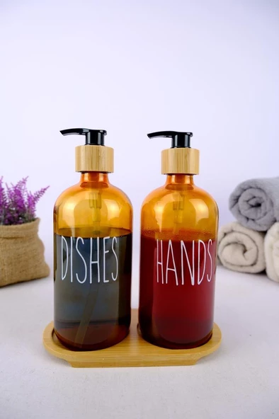 Digithome 2’li Ahşap Standlı Cam Sıvı Sabun ve Bulaşık Deterjanı Şişesi Sabunluk Amber 500 Ml - D/11 C1-1-289 - 3