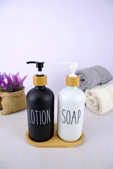 Digithome 2’li Ahşap Standlı Cam Sıvı Sabun ve Losyon Şişesi Sabunluk 500 Ml - E/6 C1-1-289 - 4