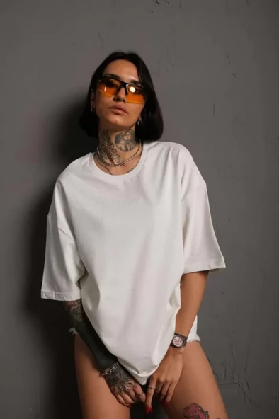 24/1 Düz  Oversize T-shirt - Beyaz