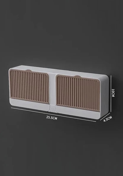 2 Bölmeli Katı Sabunluk Güçlü Yapışkanlı Duvara Monte Mutfak Banyo Organizeri Kahve Rengi - 6