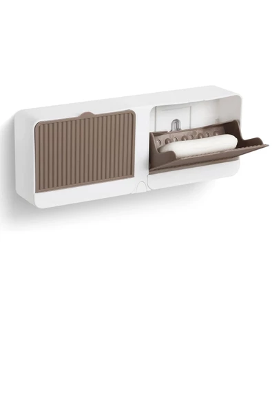 2 Bölmeli Katı Sabunluk Güçlü Yapışkanlı Duvara Monte Mutfak Banyo Organizeri Kahve Rengi - 2