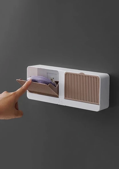 2 Bölmeli Katı Sabunluk Güçlü Yapışkanlı Duvara Monte Mutfak Banyo Organizeri Kahve Rengi - 5