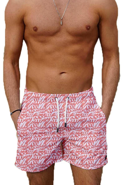 Su İtici Özellikli Dijital Baskılı Erkek Deniz Şort Mayo - 162-Somon - Resim 3