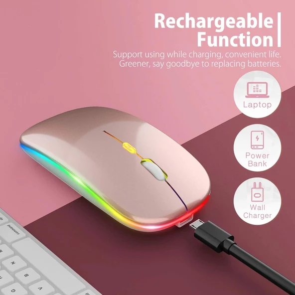 Blic Bwm6 Rose Gold RGB Şarjlı Kablosuz 1600DPI Işıklı Kablosuz Sessiz Mouse - 2