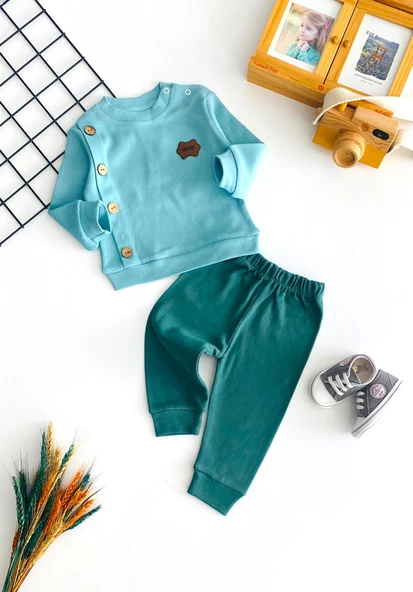 Neşeli Bebekler Önden Düğmeli Armalı Mevsmlik Takım Yeşil ürün görseli