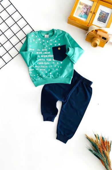 Neşeli Bebekler Baskılı Önden Cepli  Mevsmlik Takım Yeşil ürün görseli