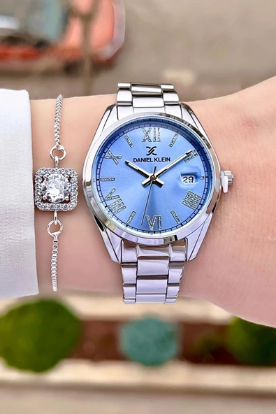 Daniel Klein DKISTE970 Kadranı Mavi Kordonu Gümüş Renk Takvimli Kadın Kol Saati ve Bileklik - Resim 3