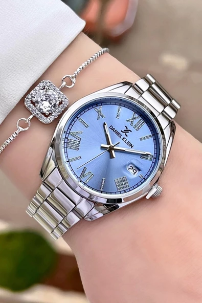 Daniel Klein DKISTE970 Kadranı Mavi Kordonu Gümüş Renk Takvimli Kadın Kol Saati ve Bileklik - Resim 2