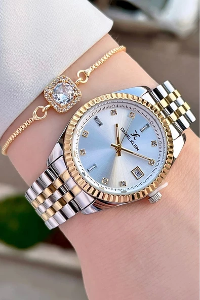 Daniel Klein DKISTE965 Gold Gümüş Renk Takvimli Kadın Kol Saati ve Bileklik - Resim 2