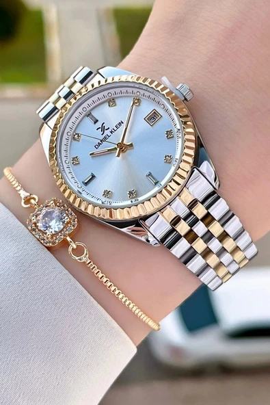 Daniel Klein DKISTE965 Gold Gümüş Renk Takvimli Kadın Kol Saati ve Bileklik ürün görseli 1