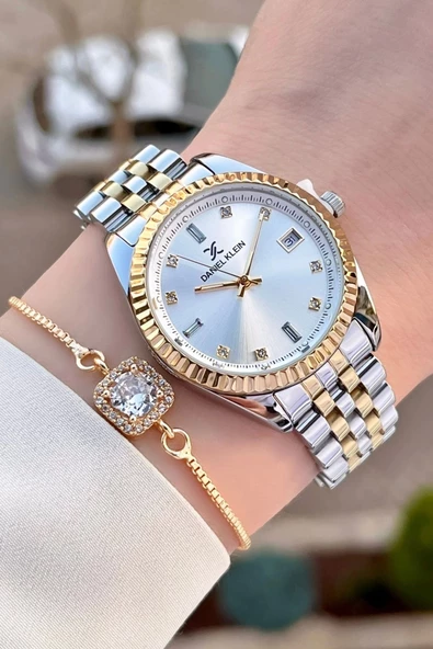 Daniel Klein DKISTE965 Gold Gümüş Renk Takvimli Kadın Kol Saati ve Bileklik - Resim 4