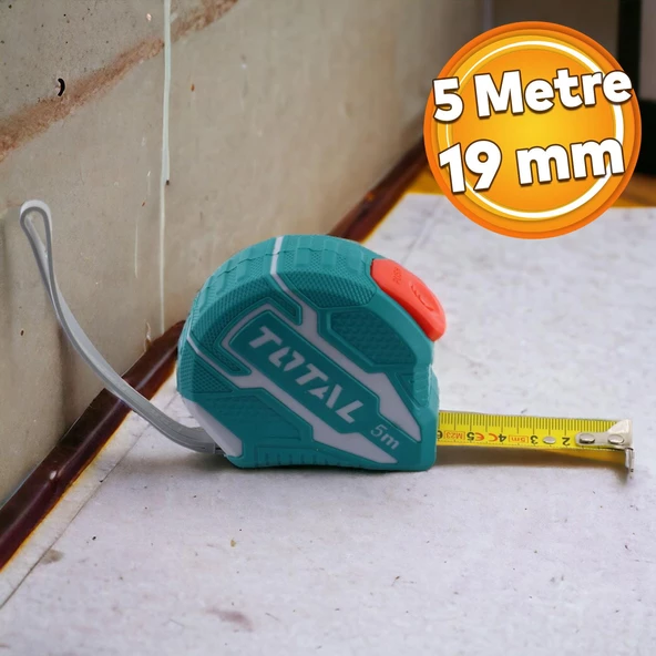 Total Stoplu Metal Metre 5 m x 19 mm Şerit Metre Sarı Renk Düğmeli Ölçüm Ölçme Bükülebilir