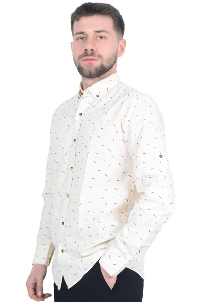 Cengiz İnler Standart Yaka Puantiye Dal Desen Slim Fit Erkek Pamuk Gömlek - 4