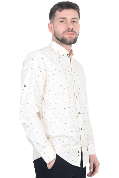 Cengiz İnler Standart Yaka Puantiye Dal Desen Slim Fit Erkek Pamuk Gömlek - 3