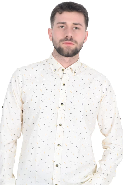 Cengiz İnler Standart Yaka Puantiye Dal Desen Slim Fit Erkek Pamuk Gömlek - 5