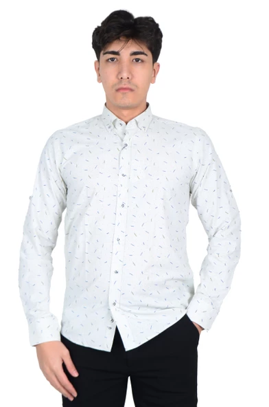 Cengiz İnler Standart Yaka Puantiye Dal Desen Slim Fit Erkek Pamuk Gömlek - 12