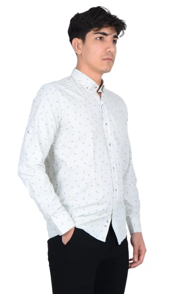 Cengiz İnler Standart Yaka Puantiye Dal Desen Slim Fit Erkek Pamuk Gömlek - 10