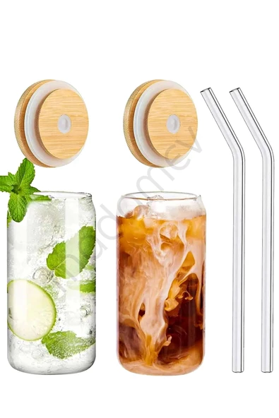 2li Bambu Kapaklı Pipetli Isıya Dayanıklı Cam Bardak 550 ml Kola Kutu Şekilli Kahve Sunum Bardağı - Resim 3