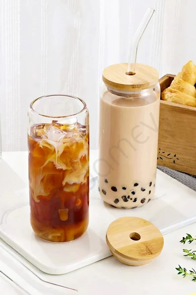 2li Bambu Kapaklı Pipetli Isıya Dayanıklı Cam Bardak 550 ml Kola Kutu Şekilli Kahve Sunum Bardağı - Resim 6