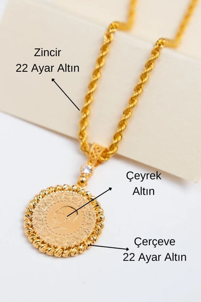 22 Ayar Altın Kolye Çeyrekli Dorika Çerçeve Kadın Kolye Ucu Zincir STLKKL1021 - 2