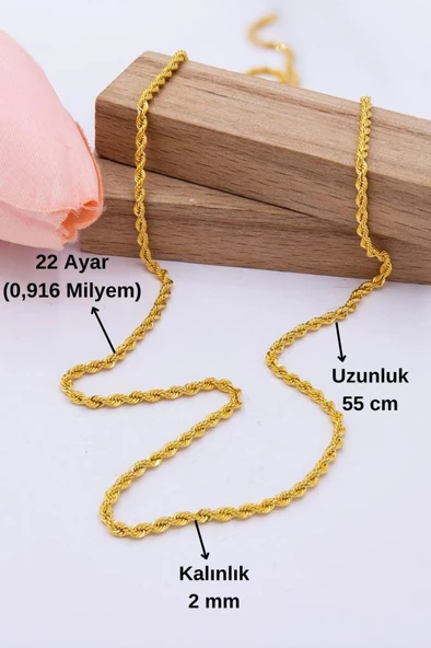 22 Ayar Altın Zincir 2 MM Halat Altın Zincir 55 CM Kadın Zincir - 2