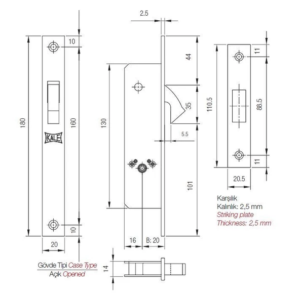 Kale 201-F Kanca Sürgülü Prazis Silindirli Gömme Kilit - 2