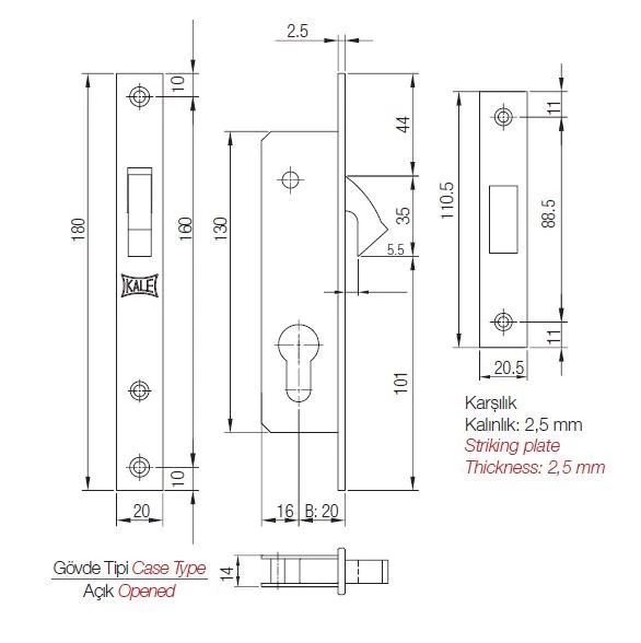 Kale 201 Kanca Sürgülü Silindirli Gömme Kilit 20 mm Nikel - 2