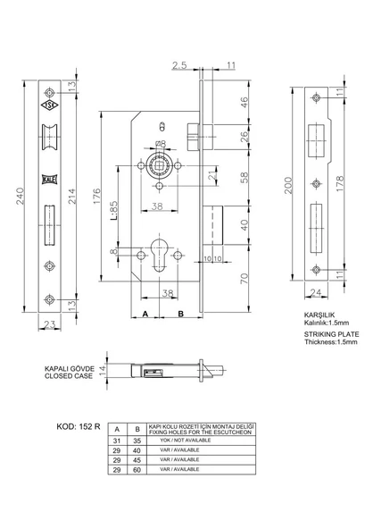 Kale 152-R Silindirli Gömme Kilit 40 mm Oval Nikel - 2