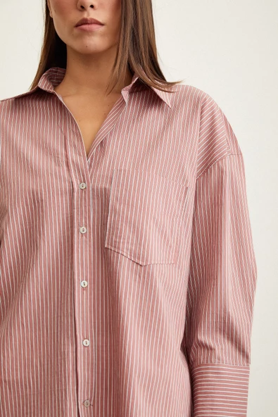 Çizgili Oversize Gömlek Gül Kurusu - Resim 3