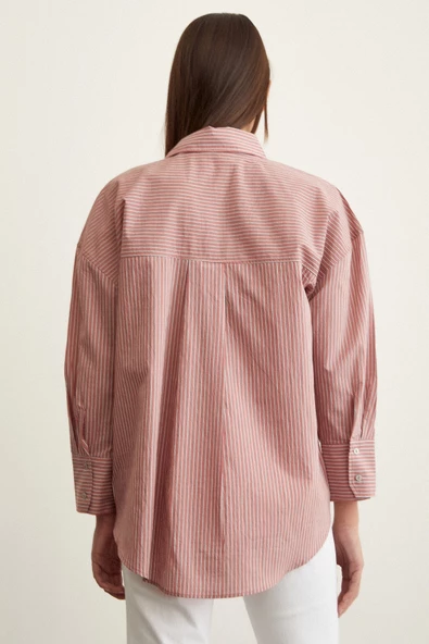 Çizgili Oversize Gömlek Gül Kurusu - Resim 4