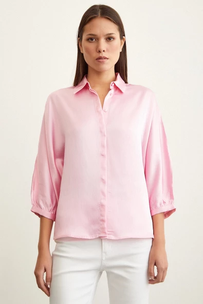 Fakir Kol Saten Gömlek Pembe - Resim 3